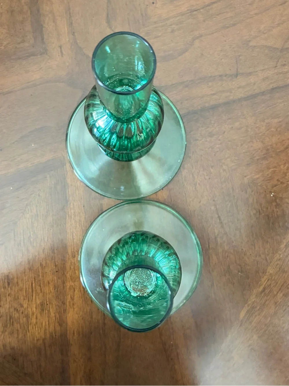 French Handblown Ribbed Glass Candlestick Holders,  Pair of Two